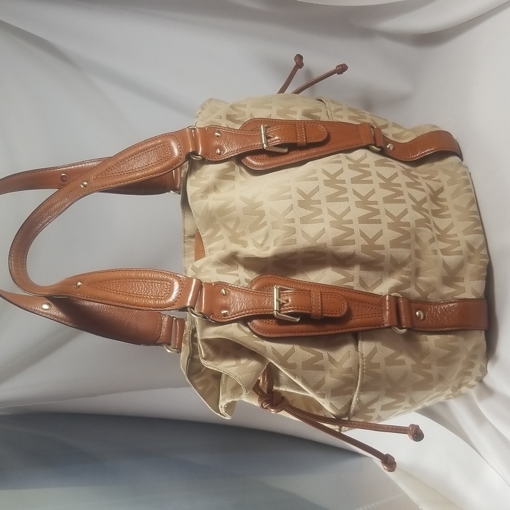 Michael Kors Vintage Large Lattington Khaki and Brown Leather Trim